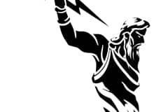 Isolated vector illustration of abstract ink silhouette of Greek God with charged lightning bolt on his hand.